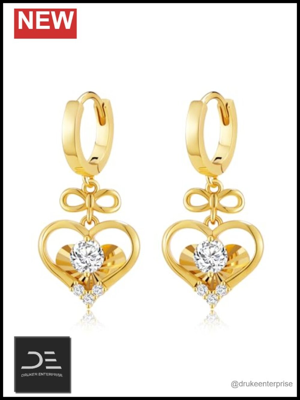 14K Gold Filled Huggie Hoop Earrings with Heart & Bow CZ Drop Dangle